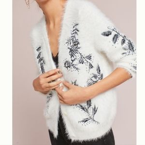 Anthropologie White Fuzzy Cardigan with Black Beaded Floral Detail